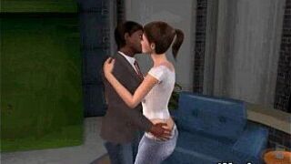 This sexy 3D brunette babe is sucking a big ebony cock porn video